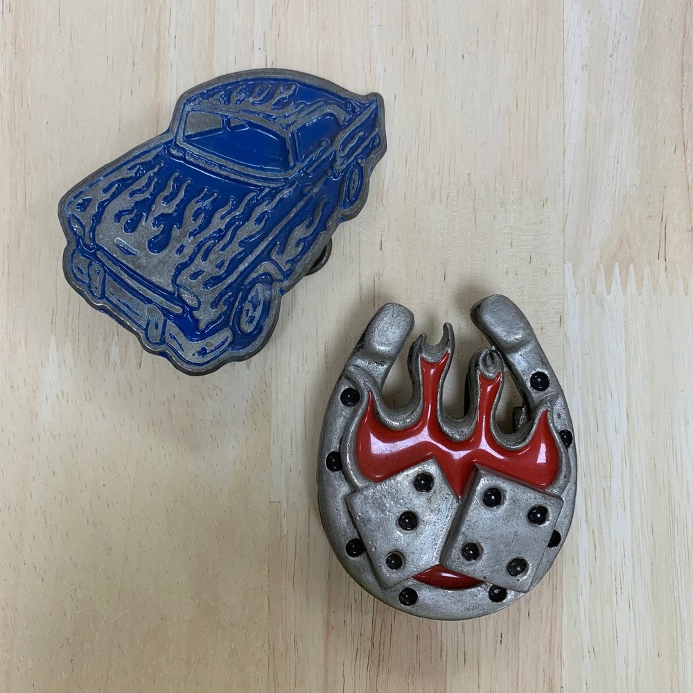 2 Vintage 2000 Mobtown Chicago Rockabilly Belt Buckles Horsehoe Flames Dice Car